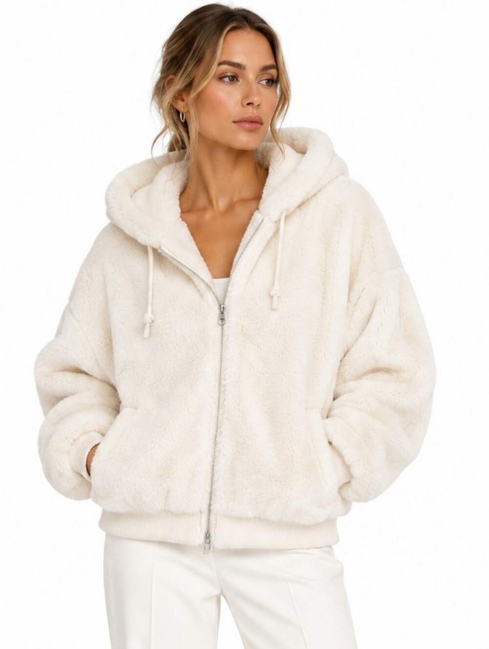 Mark Edwards Studio White Faux Fur Zip Hoodie Bomber Style Jacket